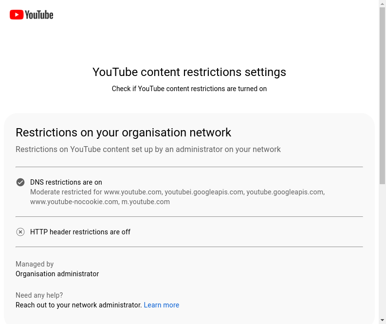 Captură de ecran cu pagina de rezultate a verificării restricțiilor de conținut YouTube, la nivel de rețea